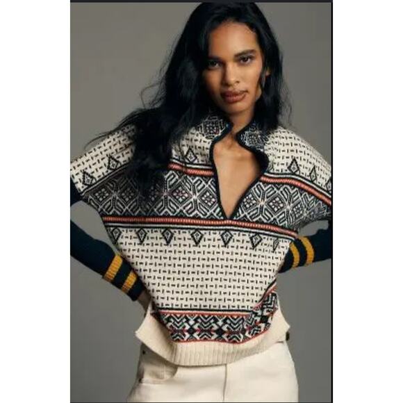 Anthropologie Sweaters - Anthropologie X Maeve Mock V Neck Patterned Knit Fair Isle Sweater Wool Cotton